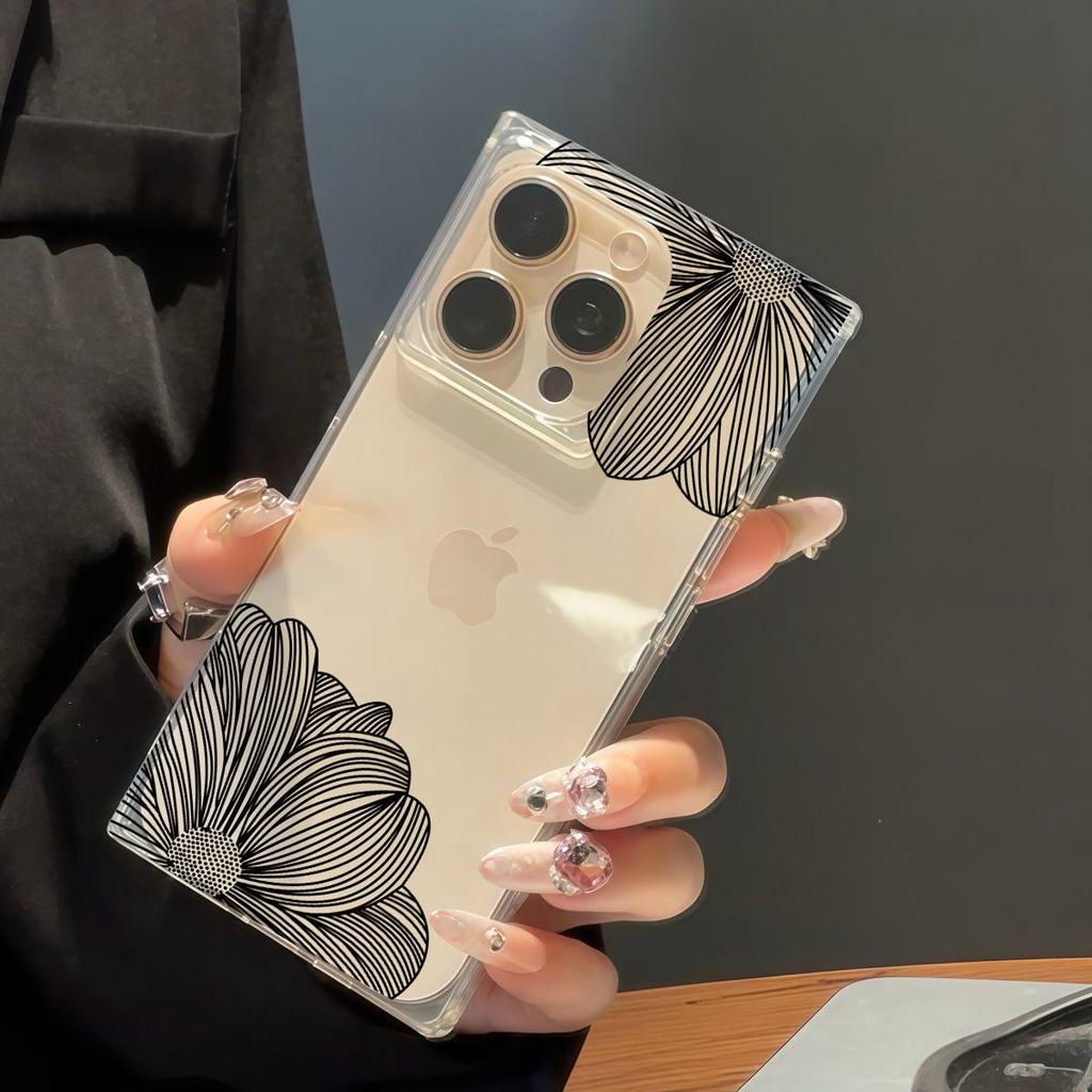 Прозрачный чехол с квадратной задней крышкой для защиты трубки для iPhone 14 Pro Max 11 12 15 Plus 16 ProMax 13, защита от окисления, чехол с лепестками и черными линиями