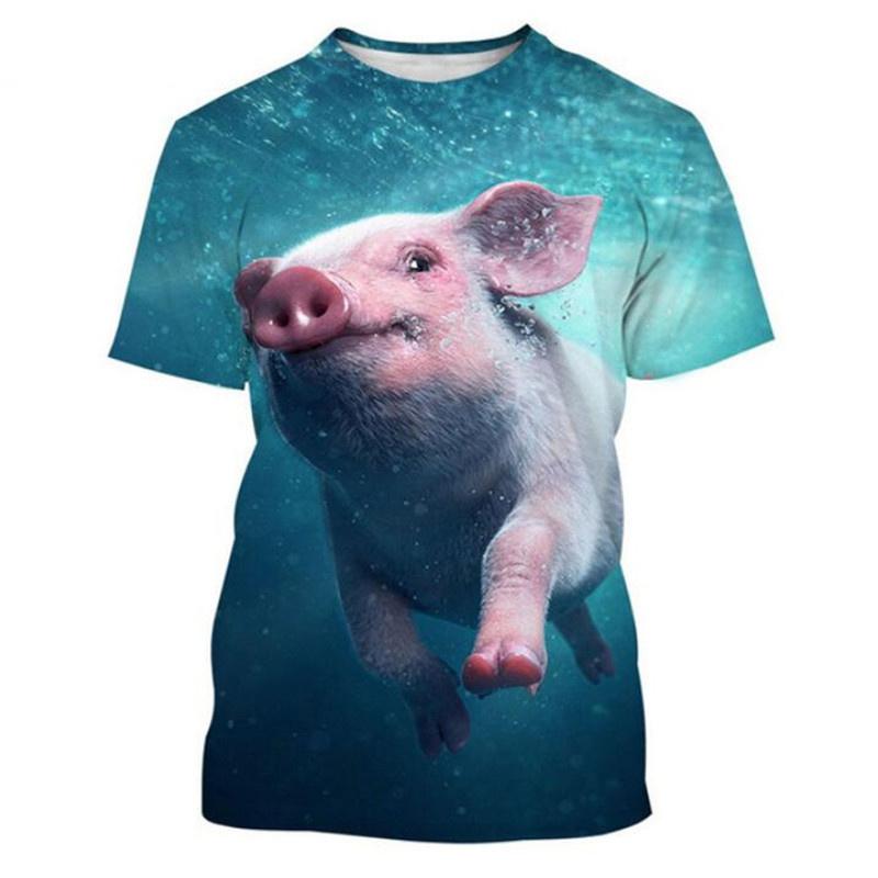 Cute Men and Women Guitar and Pork 3D Printed T-shirt, Imitating Animal Fun Summer Clothing, Round Neck, Short Sleeves, Casual