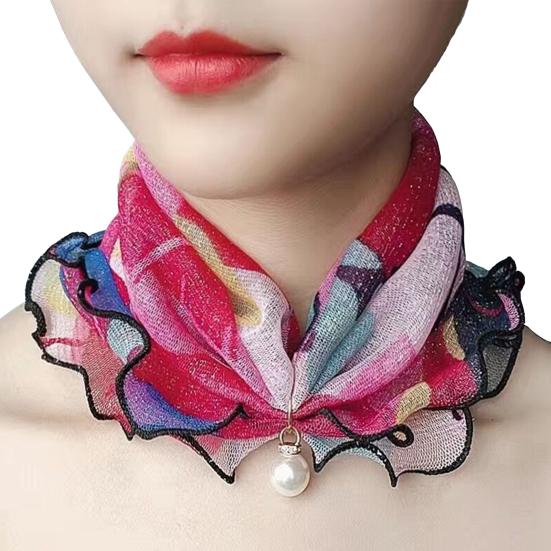 2Pcs Women Faux Silk Scarf Printing Faux Pearl Decor Lace Trim Lightweight Scarf Hand Strap Accessory