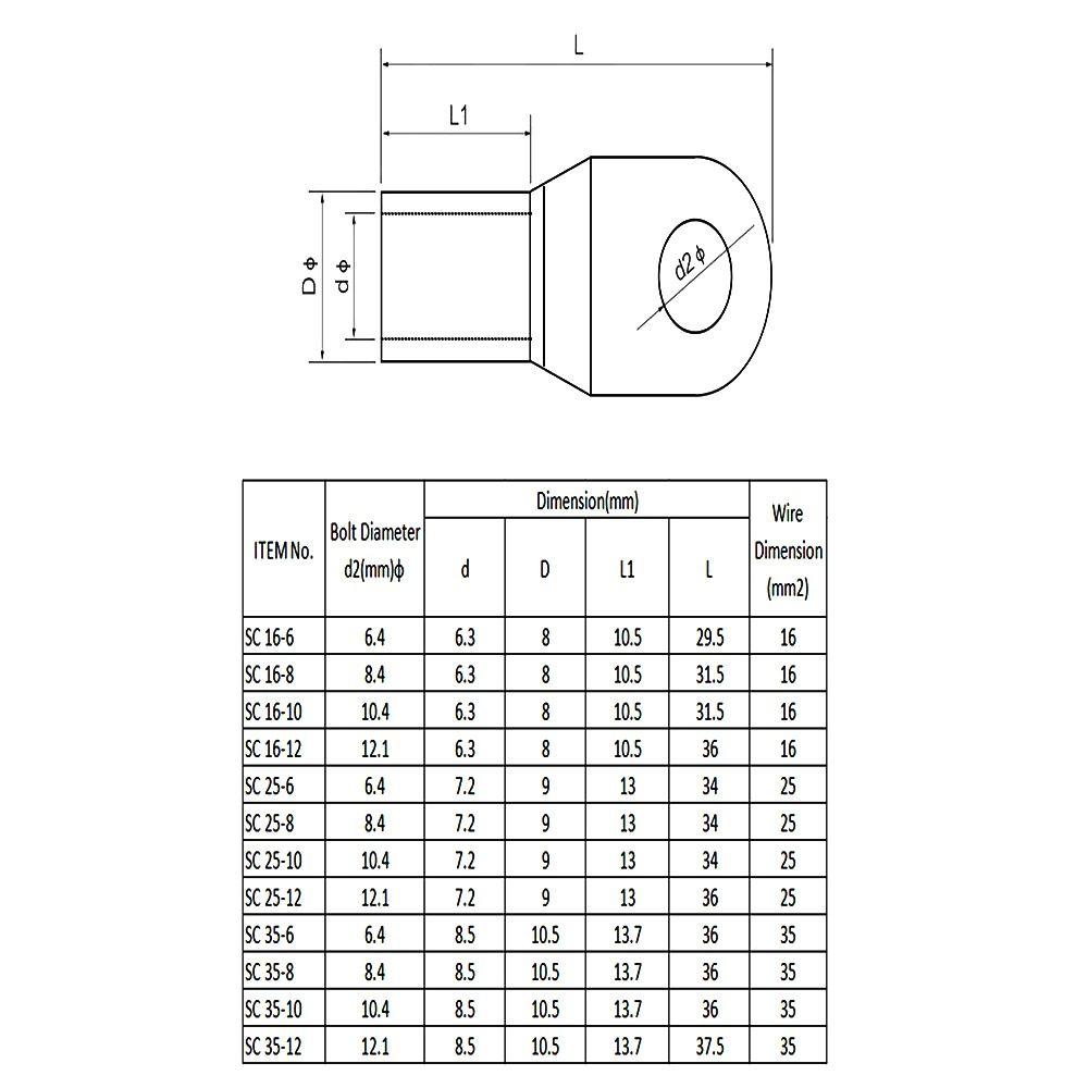 SC16-6 SC25-6 SC35-6 Bolt Hole SC Type Cable Connector Kit Wire Nose Terminal Crimp Lugs Ring