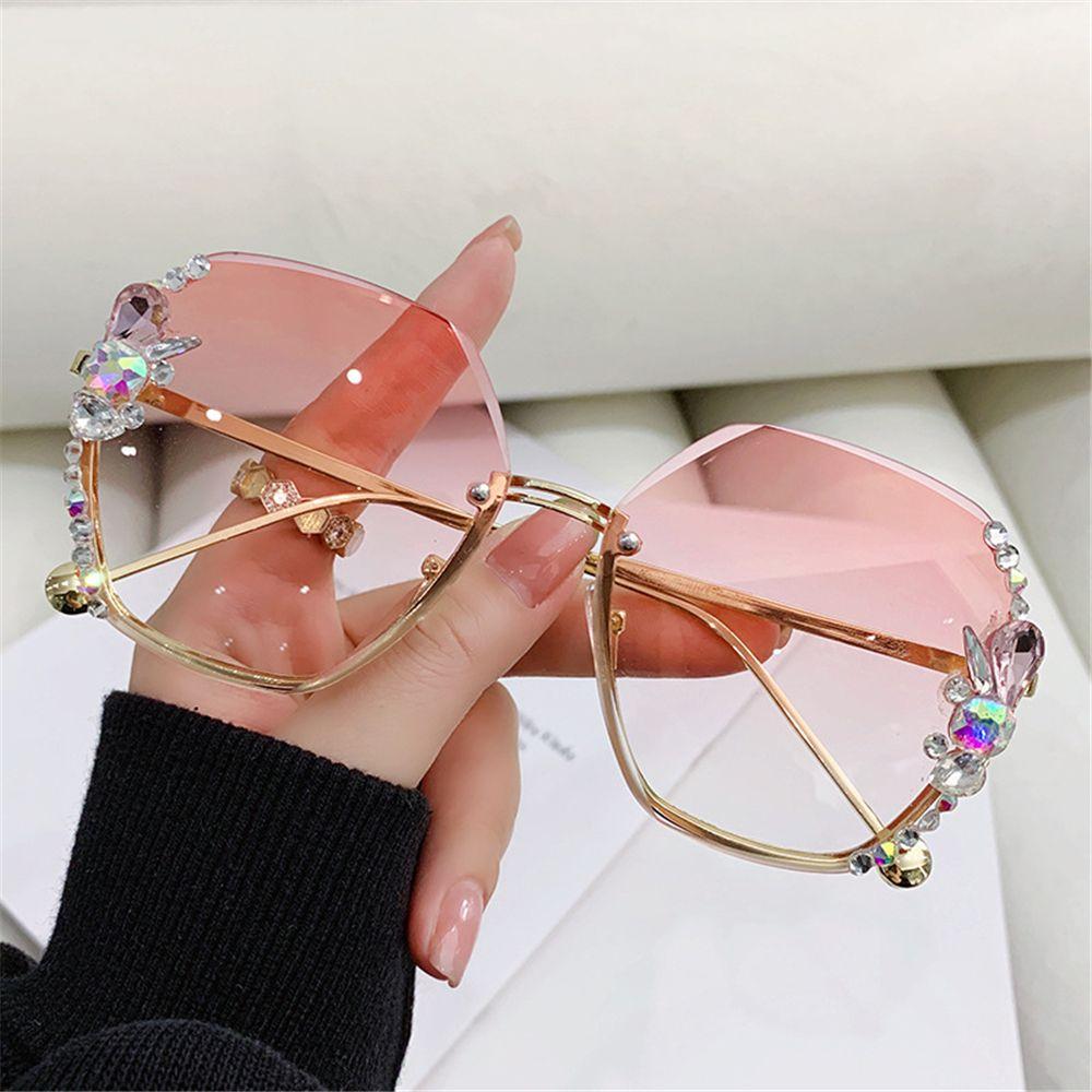 Retro Cutting Lens UV400 Women Sun Glasses Gradient Rhinestone Sunglasses Rimless Sunglasses
