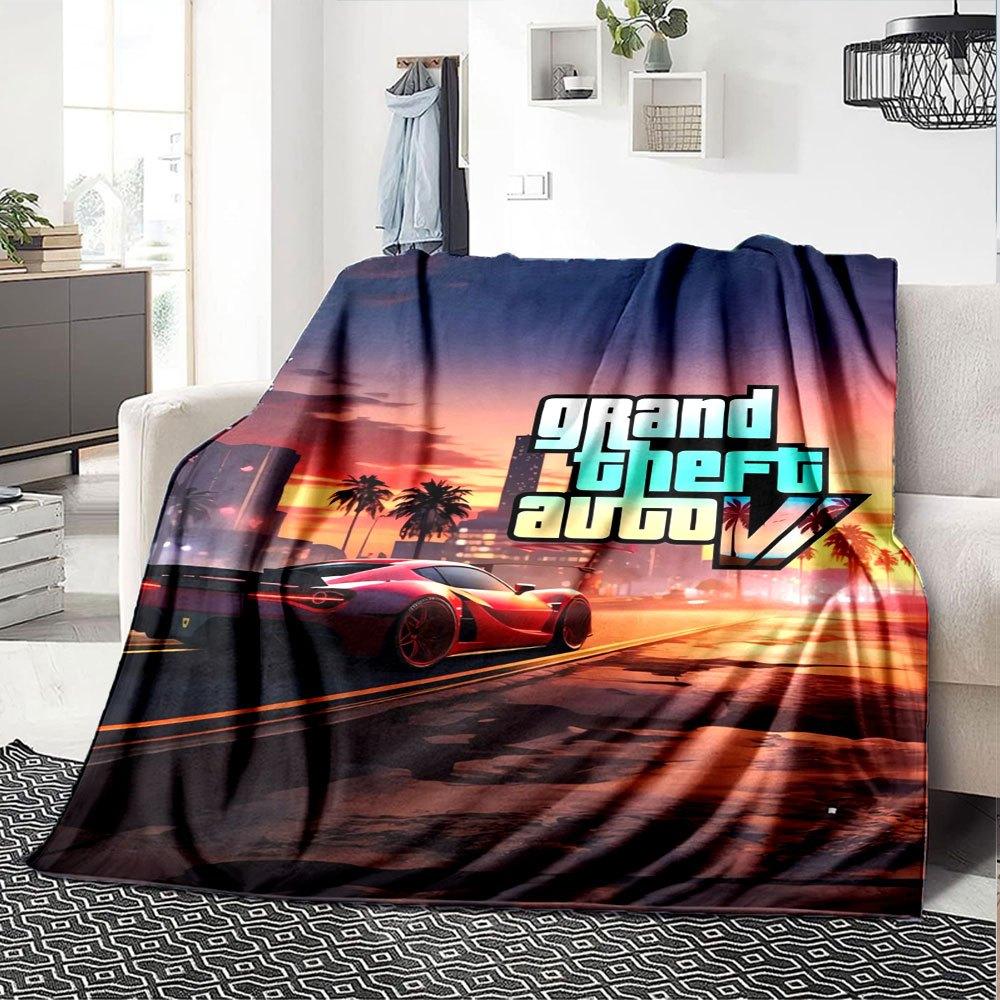 1 шт. Мягкое фланелевое одеяло Grand Theft Auto с дизайнерским принтом. Уютное одеяло для всех сезонов, идеально подходит для дивана, кровати, офиса