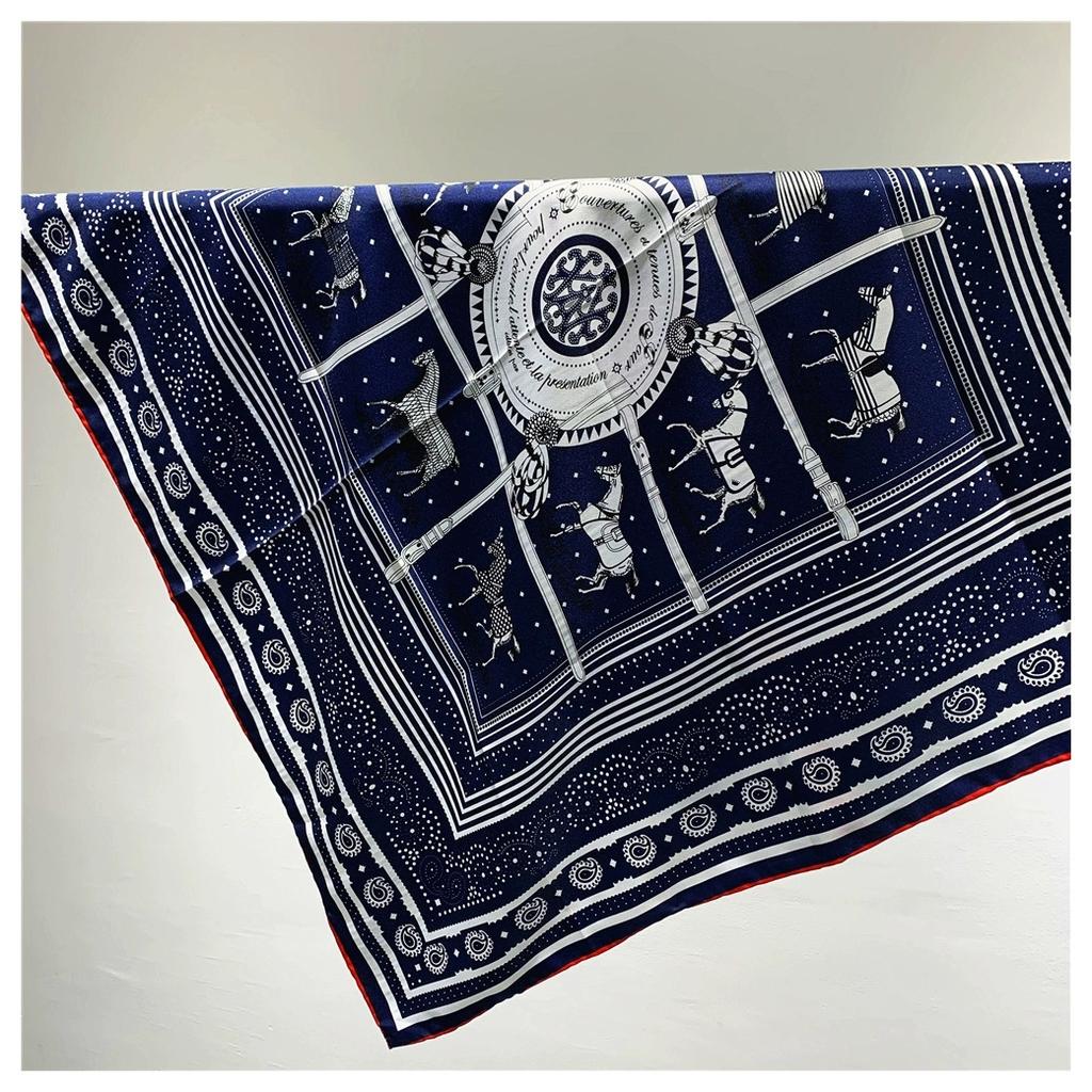 90CM Square Manual Hand Rolled Twill Silk Scarf Women Plaid Horse Design Scarves Bandana Hijabs For Holiday