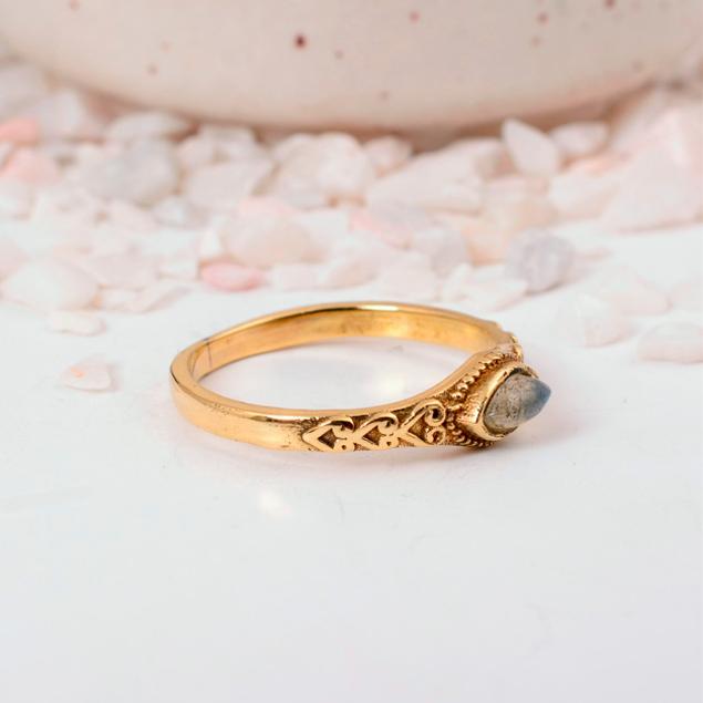 Delicate Gold Marquise Labradorite Ring: Vintage-style Ring with Ornate Filigree Band and Small Navette Gemstone.