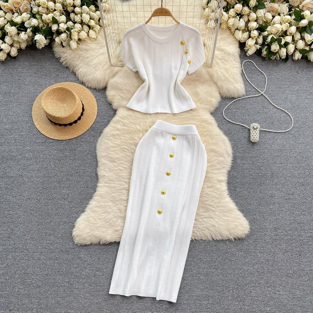 Summer Women Gold Button Knitted Sweater Outfits Short Sleeve Pullover Top and Midi Bodycon Skirt Two Piece Set