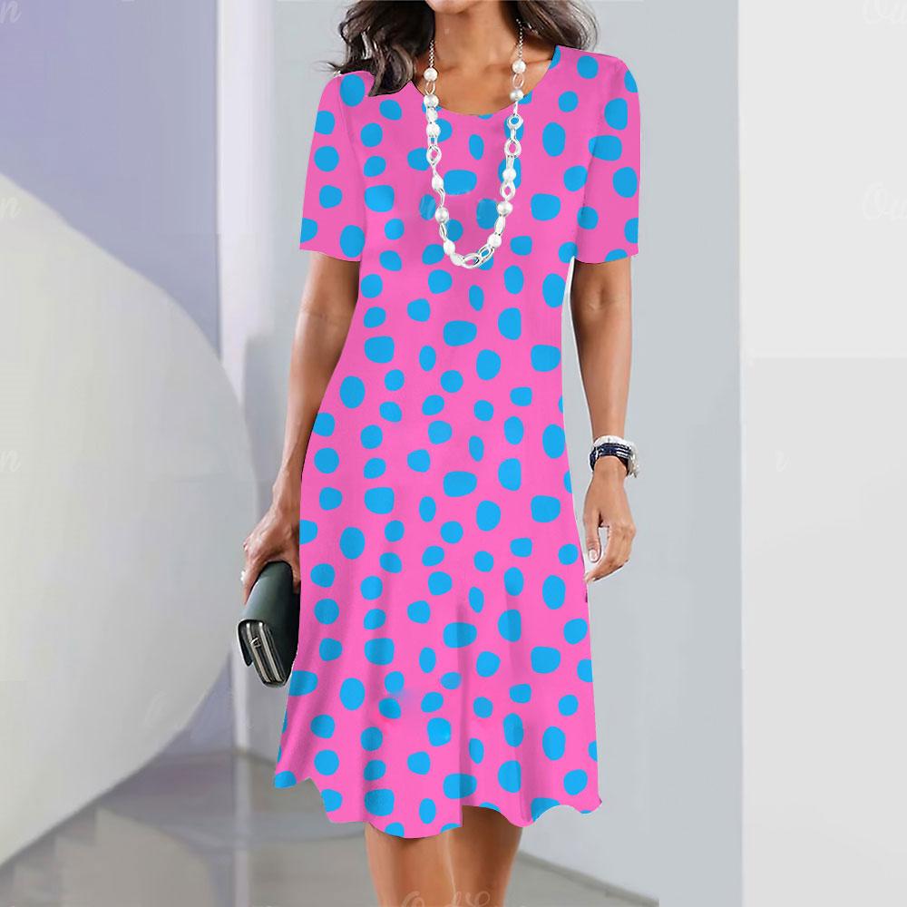 Женское платье Свободная юбка А-силуэта с круглым вырезом Пляжная юбка с короткими рукавами Женская одежда Сексуальное платье с леопардовым принтом в горошек