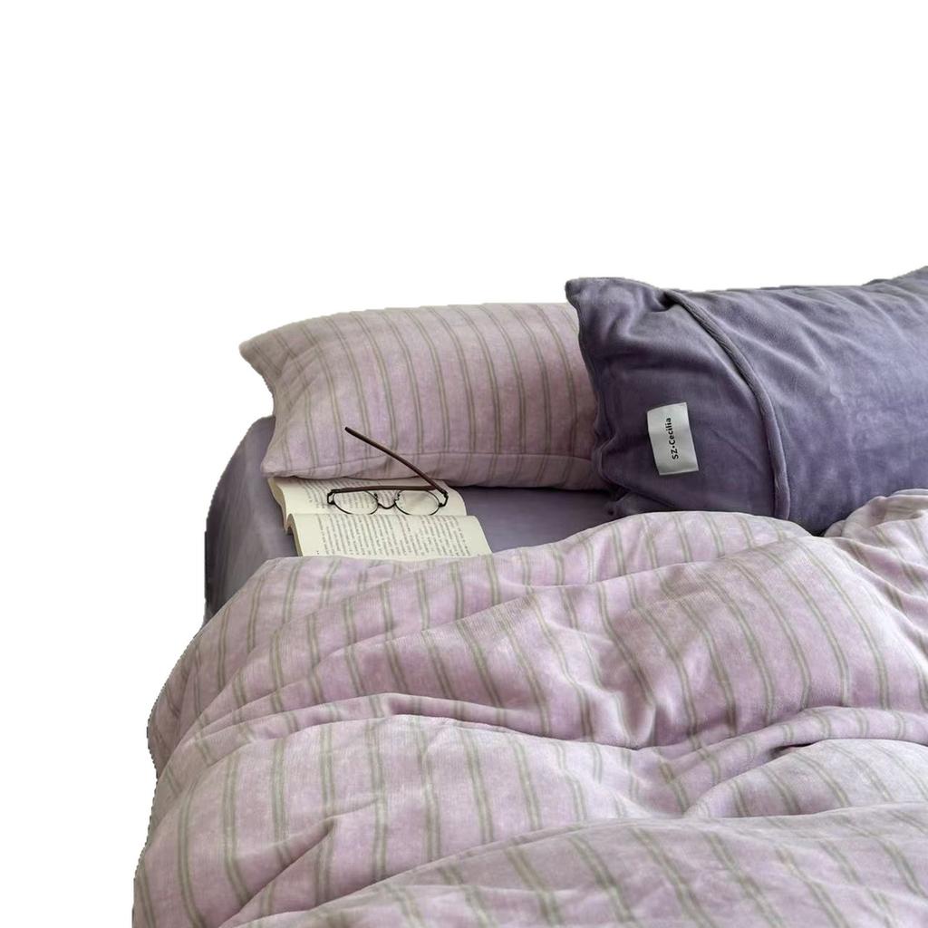 Утолщенный молочный флис, девичье сердце, простой полосатый, сочетающийся, постельный комплект из четырех предметов, коралловый флис, пододеяльник, простыня 2