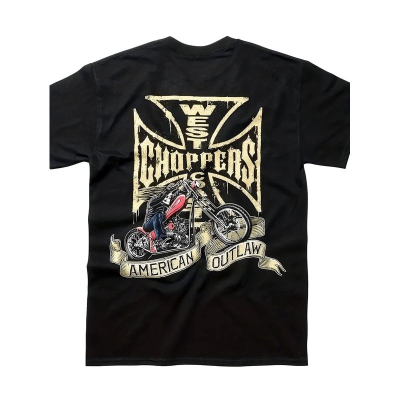 unisex Black Short-Sleeve Tee Featuring an American Choppers Outlaw Motorcycle Graphic, Designed In a Biker Style with a Crew Neck And Slight Stretch,
