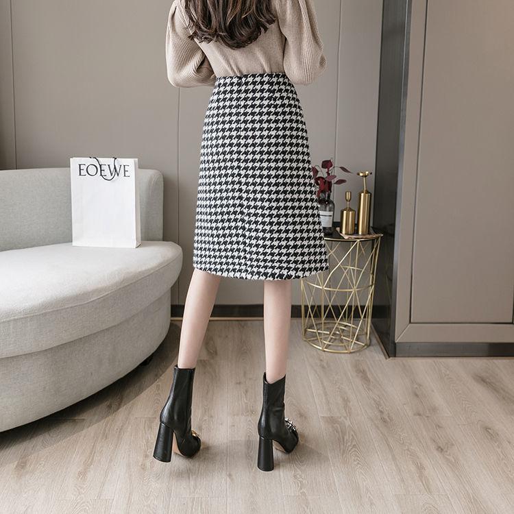 Женская клетчатая роскошная гусиная лапка с жемчугом и пуговицами с разрезом и высокой талией, шерстяная теплая юбка трапециевидной формы, зима-осень-весна, модная сексуальная юбка