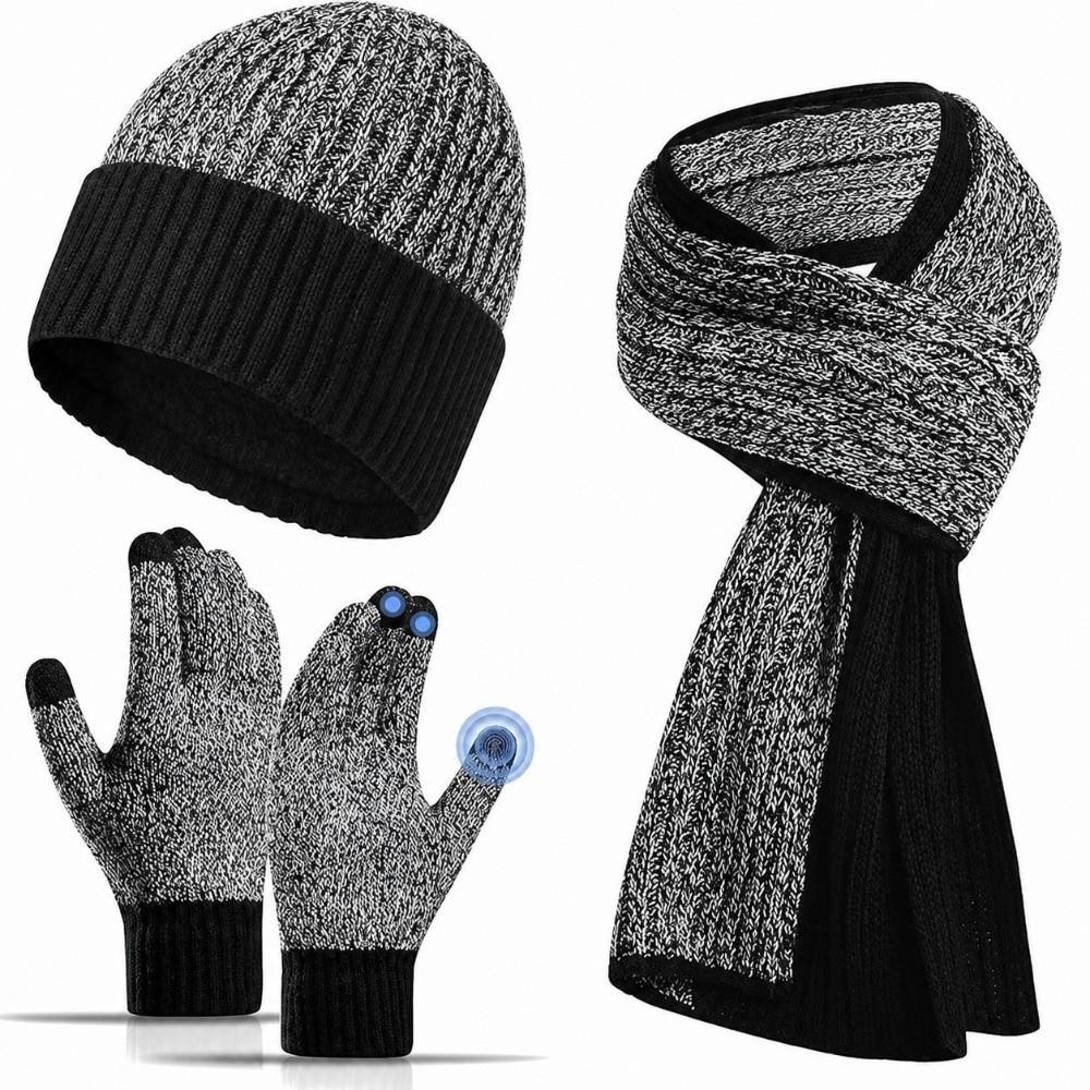 3Pcs/Set Non Slip Winter Hat Scarf Gloves Set Plush Lining Scarf Neck Warmer Suit for Men
