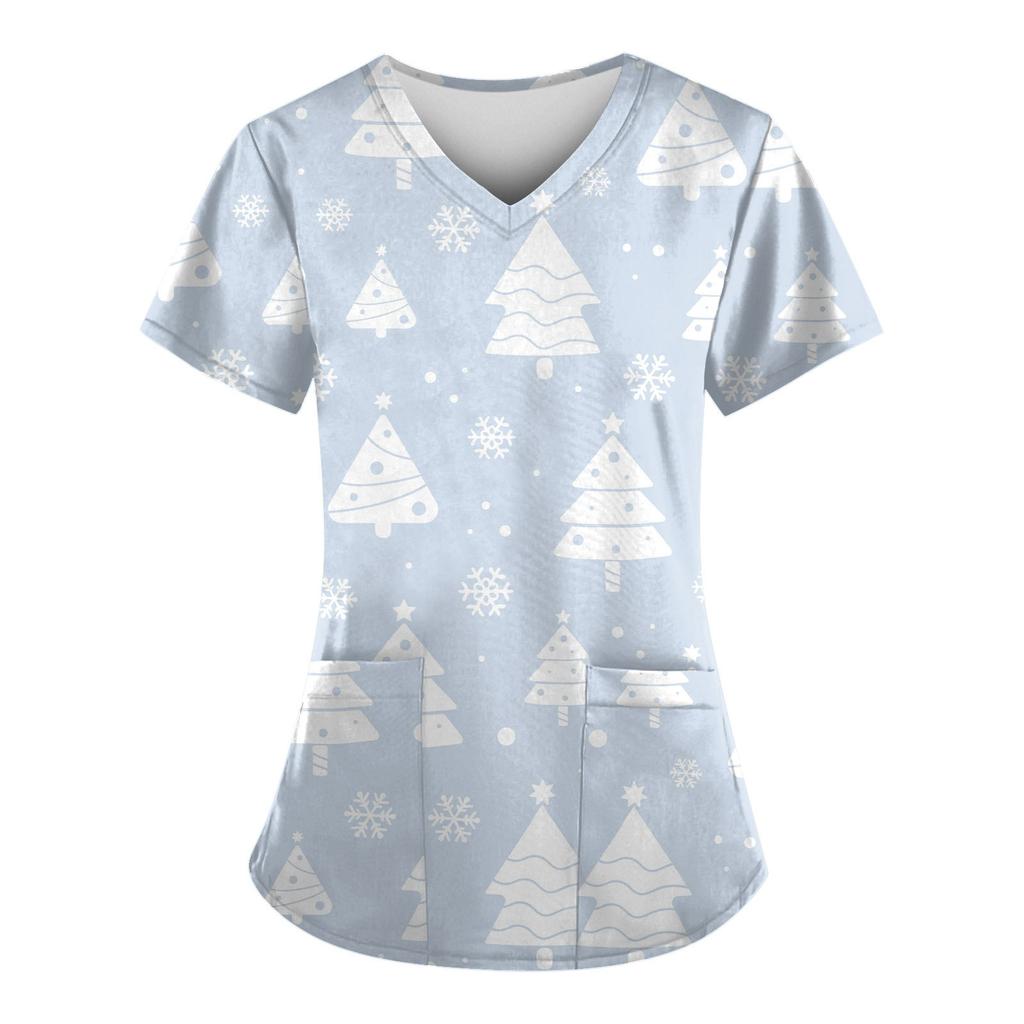 Women's Fashion Christmas Printed Short Sleeve V Neck Pattern Tops Pocket Working T-shirts