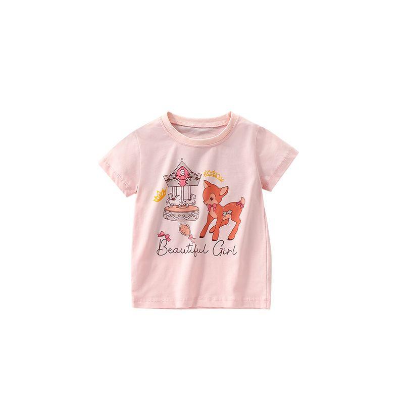 2025 New Summer Clothing for Girls, Cartoon Deer Pink Short-Sleeved T-Shirt, Baby Pure Cotton Half-Sleeved Bottoming Shirt 8