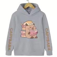 Cute Cat with Capybara Reading Book Hoodies Children's Sweatshirt Hoody for Boys Girls Spring Casual Hoodie Cute Harajuku Hoody