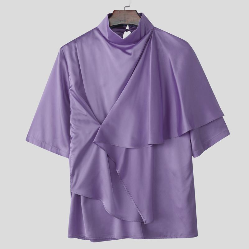 INCERUN Men Satnd Neck Short Sleeve Ireegular Layers Casual Satin T-shirts Tops