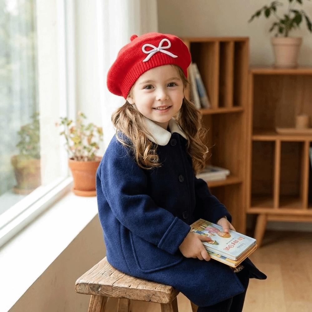 Elastic Bow Embroidery Painter Hat Warm Beanie Cap Daily Wear Children Knitted Beret Gift