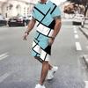 Мужской костюм из двух предметов: футболка с коротким рукавом и шорты, геометрический узор, цветовые блоки, цвет: циан, черный, белый