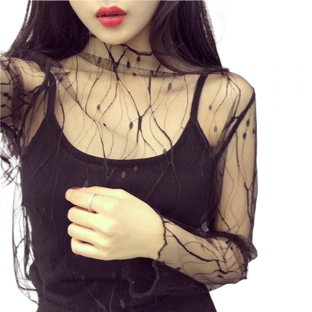 Сетчатый топ с длинными рукавами для женщин, кружевные прозрачные топы с прозрачным вырезом и цветочной вышивкой, прозрачное боди, рубашка в сетку