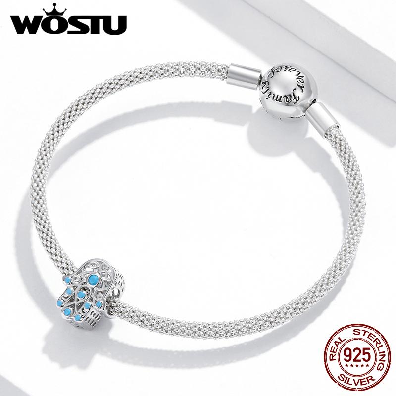 WOSTU Стерлингового серебра 925 пробы с платиновым покрытием, синие циркониевые бусины Lucky Hand Charm для оригинальных 3 мм браслетов и ожерелий, ювелирные изделия своими руками