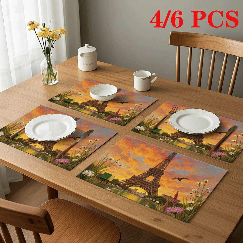 4pcs/6pcs Paris Eiffel Tower Placemats Suitable for Home & Restaurants, Elegant French Table Decor with Eiffel Tower Design, Heat-Resistant Durable Ta