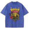 Casual Womans Acid Wash T-Shirts Retro Manga Bees Printing Tops Crewneck Distressed Oversize Cotton Tees Trend Clothes