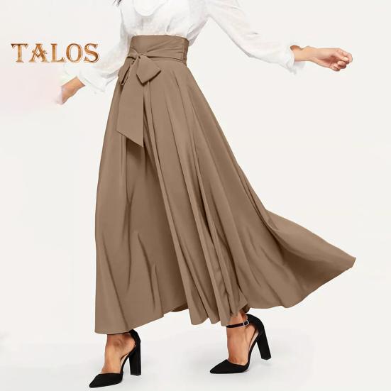 Женская макси-юбка на шнуровке с высокой талией трапециевидной формы, большие качели, сплошной цвет, широкая полоса, плиссированная длина до щиколотки, свободная весенне-летняя юбка в коммутационном стиле