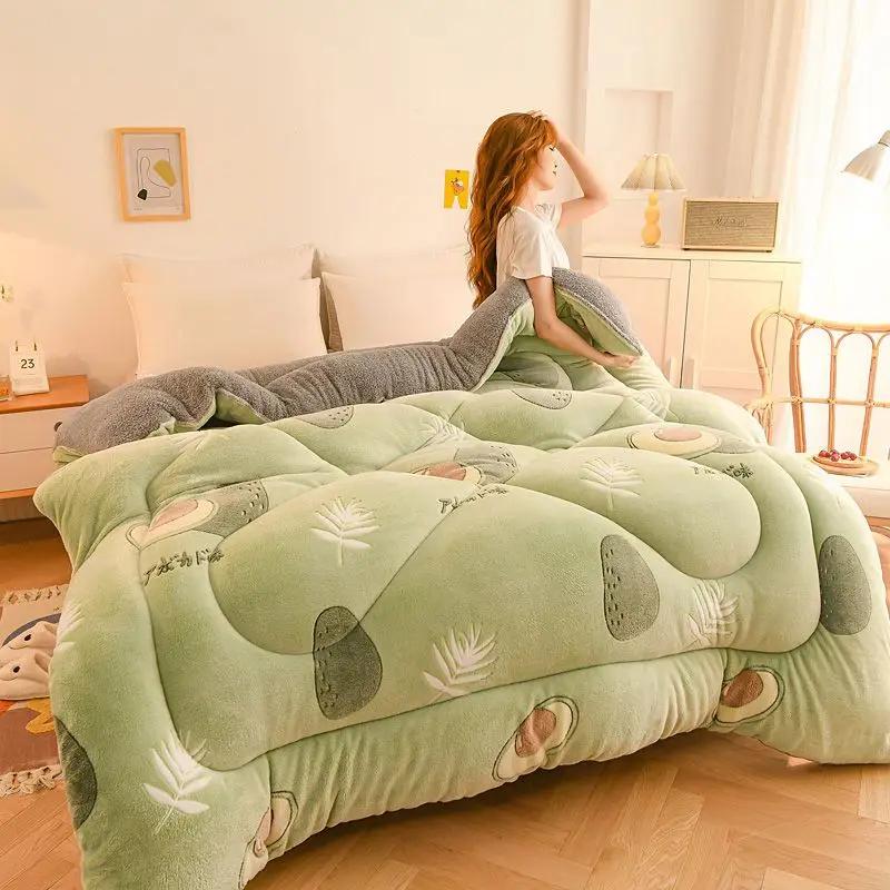 Толстое одеяло из овечьей шерсти с принтом, двухсторонний бархат, осенне-зимнее теплое одеяло, одинарное, для общежития, удобное постельное белье, стеганое одеяло