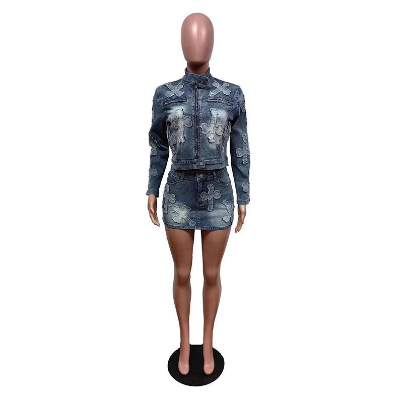 Винтажные женские джинсовые юбки-костюмы в стиле пэчворк с застежкой-молнией и длинными рукавами, мини-платье с высокой талией, весна-лето 2025, элегантный женский однотонный комплект