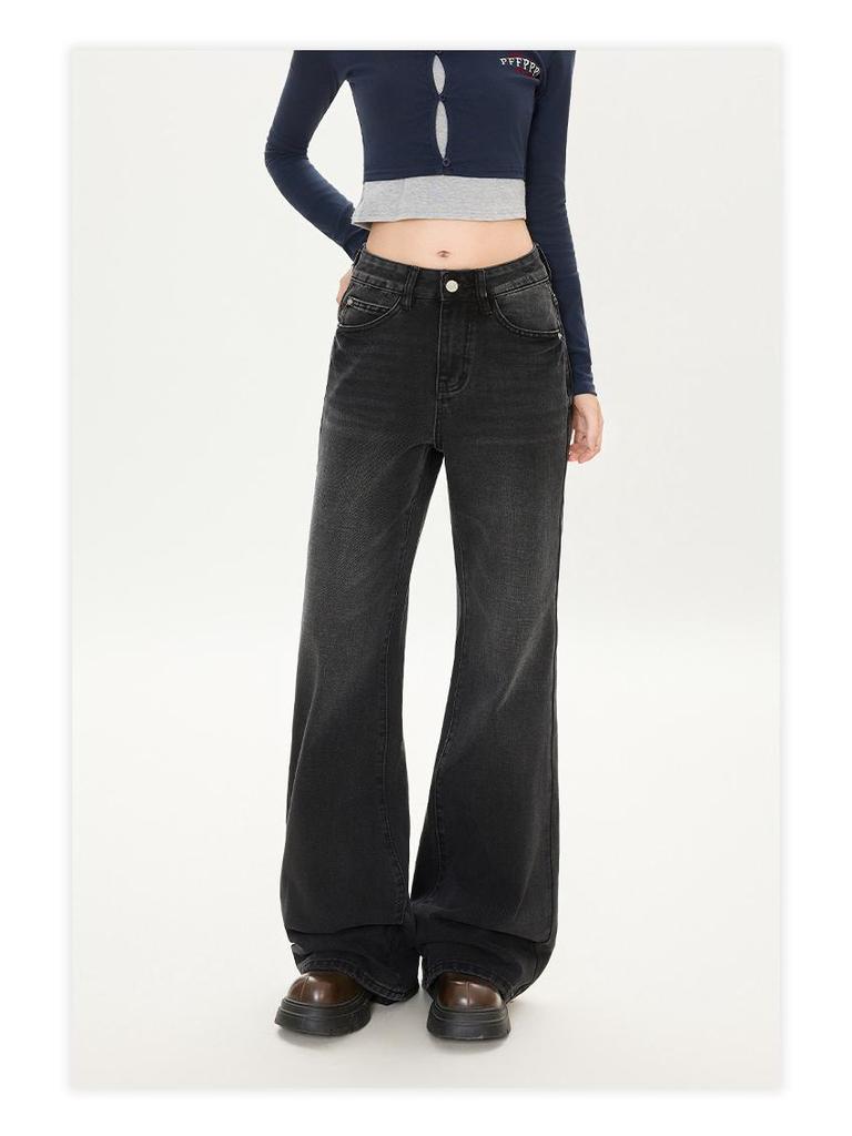 2025 Черно-серые вельветовые джинсы клеш с высокой посадкой и широкими штанинами для женщин