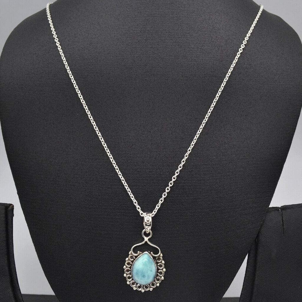 Ожерелье Ларимар, женские украшения, подарок для нее, эффектные украшения, свадебное ожерелье, серебряная цепочка, украшения ручной работы