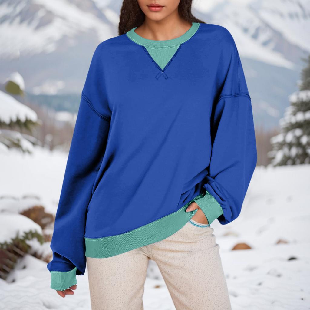 Женская толстовка большого размера с цветными блоками, толстовки с длинным рукавом, рубашка с круглым вырезом, осенний пуловер, топ, модная одежда
