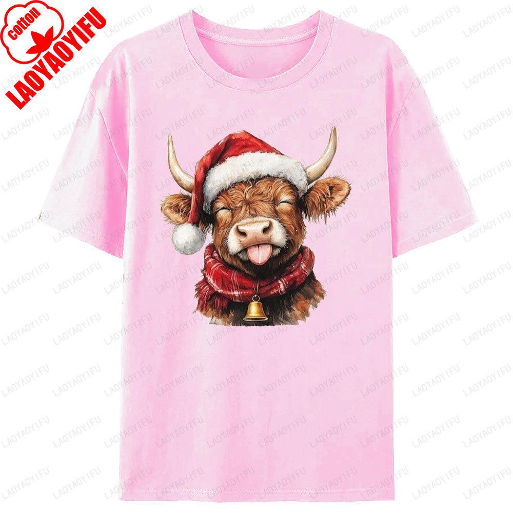 Funny Highland Cow Christmas Shirts Farm Cow With Santa Hat TShirt Xmas Bell Country Unisex Unisex Christmas T Shirts Print Tops