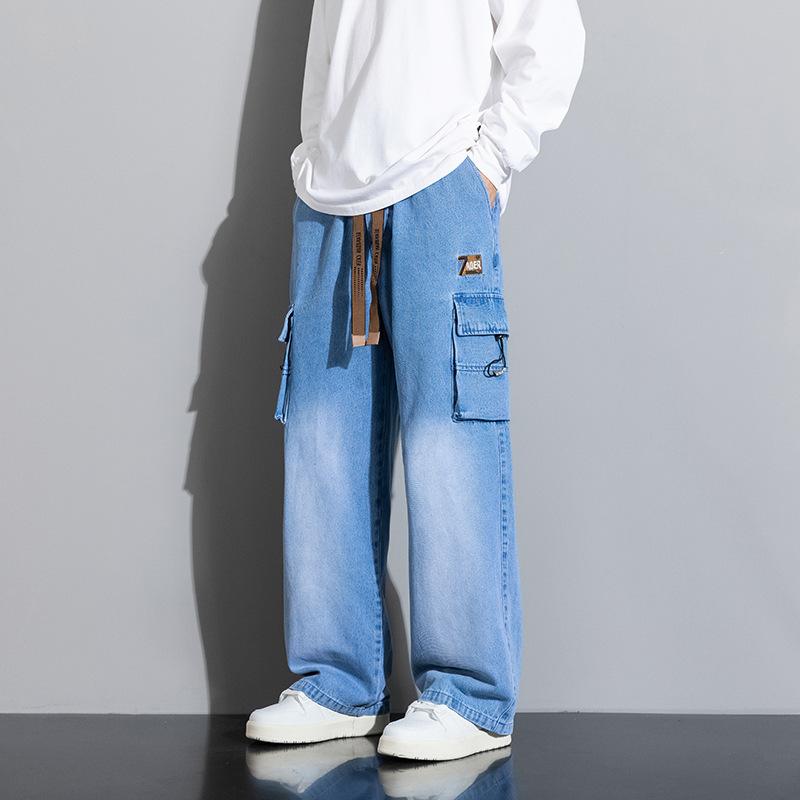 Джинсы Американский Уличный Ретро Эластичная Талия Деним Мужские Свободные Прямые Широкие Брюки