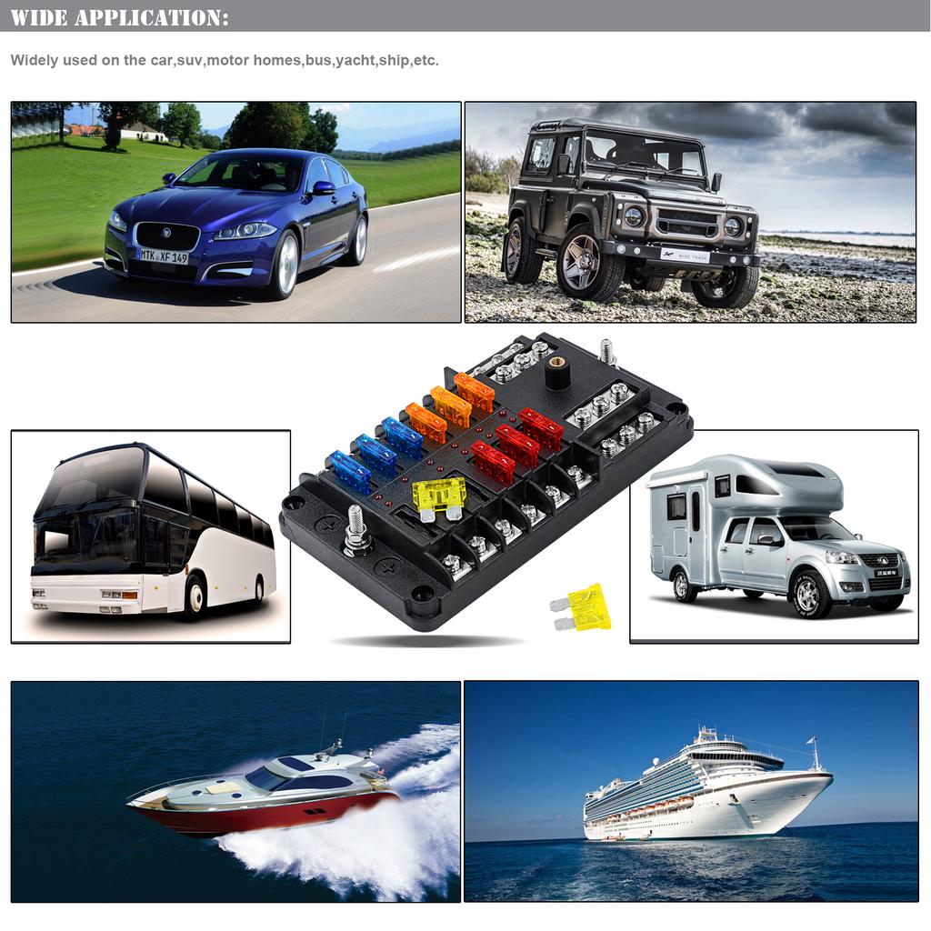 Automotive Marine Boat Fuse Block Waterproof 12 Way with 12 Ground Negative Busbar [100 Amp Max] [ATC/ATO Fuses] [LED Indicator] for Car RV Golf Cart