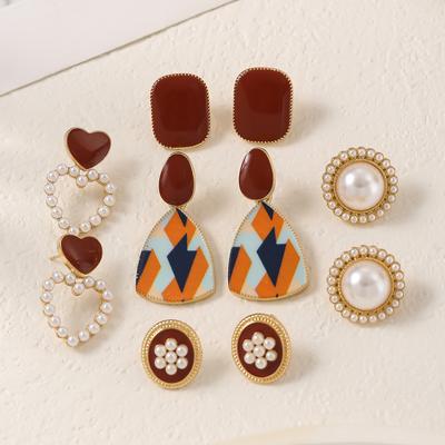 Женский комплект сережек-гвоздиков Boho All Match Love Heart Pearl Resin Geometry