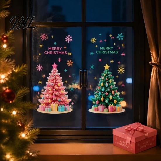 Pink Christmas Tree Decals 2Pcs Static Window Clings, Removable Xmas Stickers Snowflake Clings with Star for Home Shop Cafe Holiday Decorations Party