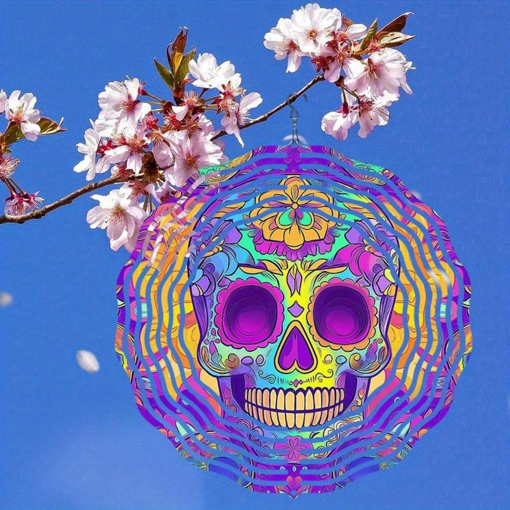 Purple Psychedelic Skull Metal Wind Chime Rotating Hook Colorful Striped Design for Indoor Outdoor Garden Halloween Party Decor Unique Gift Idea