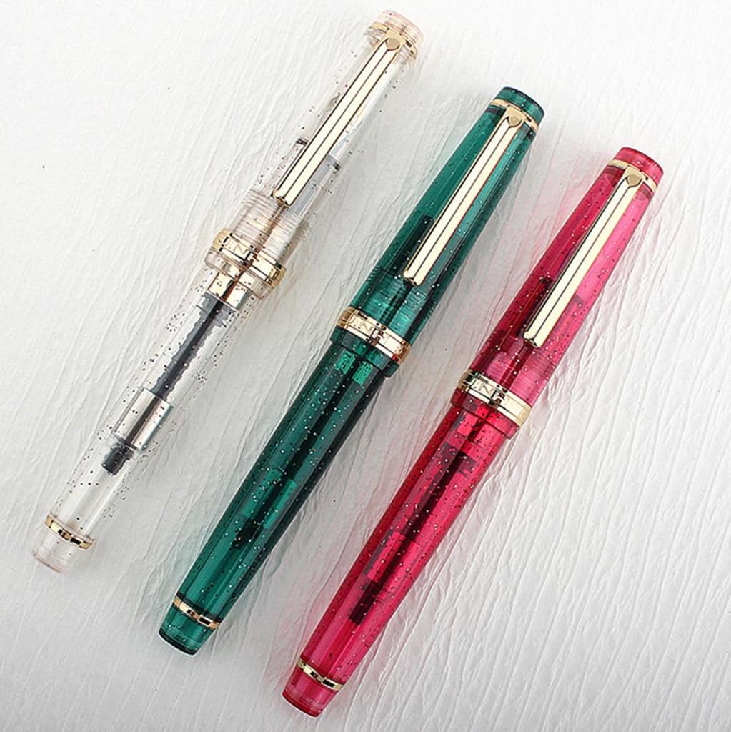 Перьевые ручки Ranvi Jinhao 82 (3 ручки) - Прозрачный, Флуоресцентный, Белый, Красный, Зеленый, Акрил, Иридий, Тонкое перо, Золотая отделка, Набор с конвертером