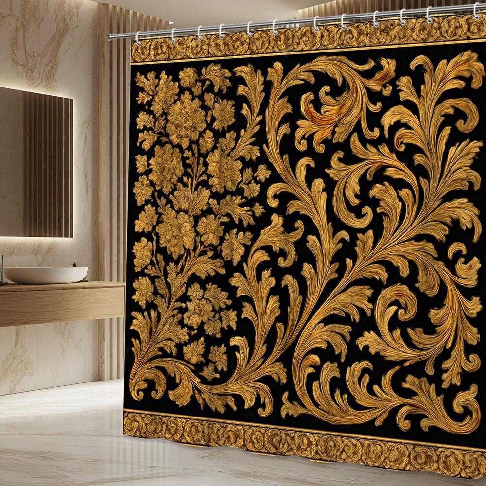 Золотая Барочная Цветочная Шторка для Душа Черный Фон Роскошный Витиеватый Дизайн Декор в Стиле Королевского Дворца Водонепроницаемая Быстрая Установка