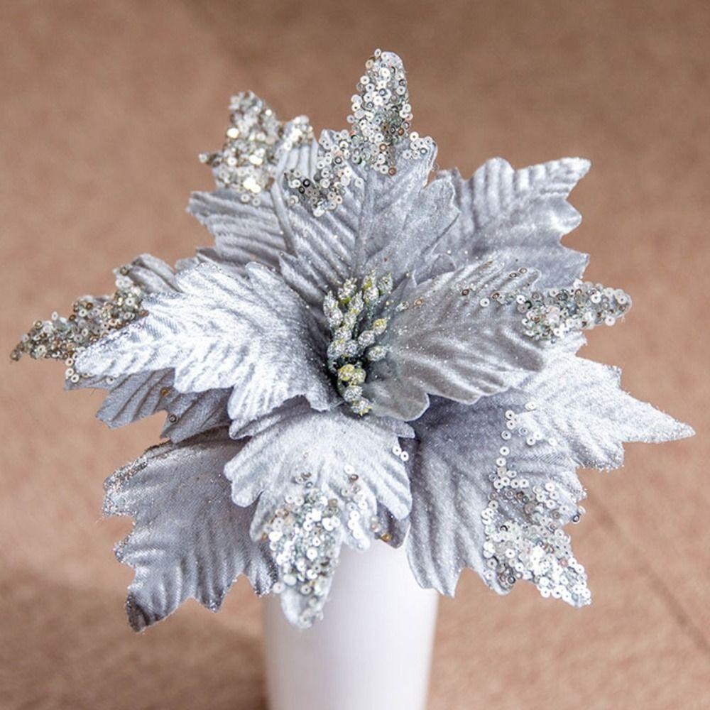 Glitter Artificial Christmas Flowers Velvet Cloth Merry Christmas Fake Flower Flower Head DIY Xmas Tree Ornaments Party Supplies