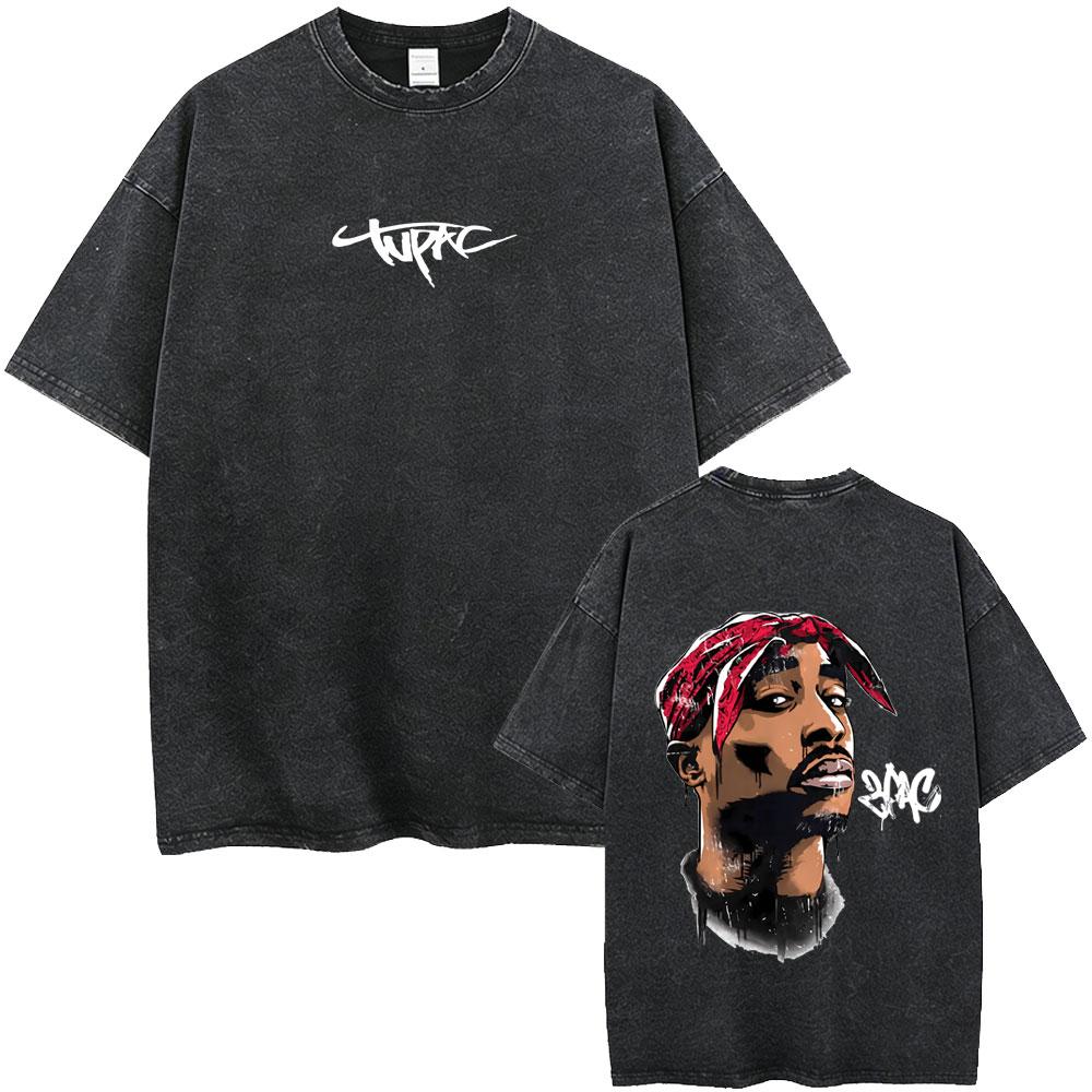 Рэпер Тупак 2pac Винтажная стираная футболка Мужская Женская Хип-хоп Мода Ретро Футболка Мужская Повседневная Хлопковая Оверсайз Футболка Стритвир