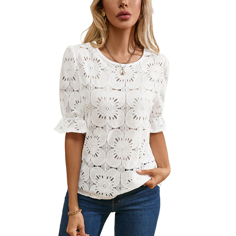 YYFS Женские модные повседневные летние весенние однотонные блузки и рубашки с короткими рукавами и круглым вырезом с принтом