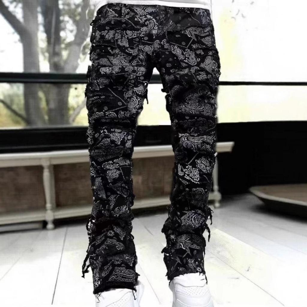 GLYDE Casual Distressed Men's Jeans Tassels Patchwork Design Vintage Washed Stretch Denim Pants Straight Fashion Streetwear Trousers