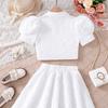 Белый костюм для девочек-подростков, лето 2024, короткая куртка с пышными рукавами, топ и юбка, детская одежда, модные комплекты для детей