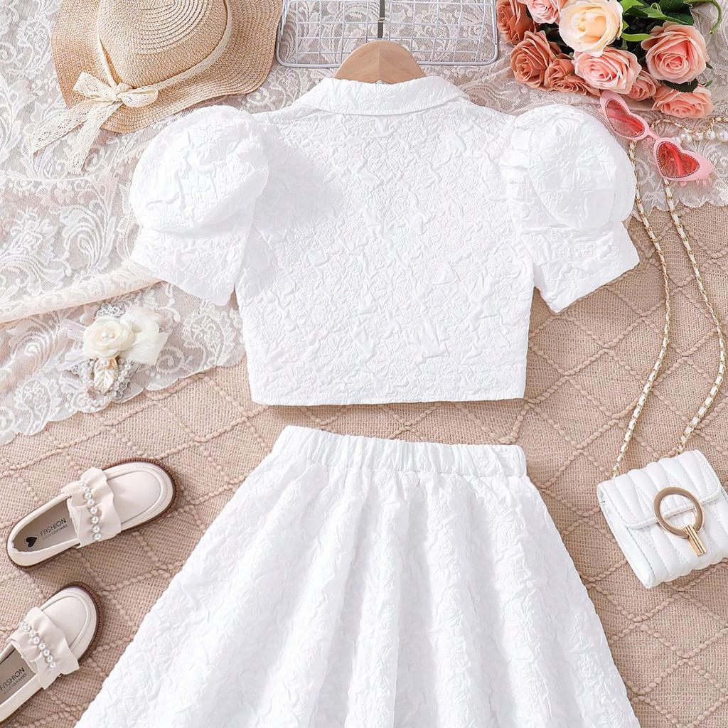 Белый костюм для девочек-подростков, лето 2024, короткая куртка с пышными рукавами, топ и юбка, детская одежда, модные комплекты для детей