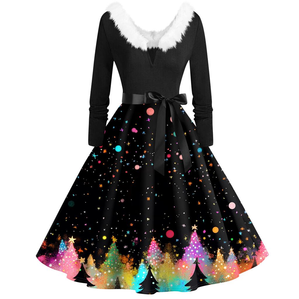 Женская мода с v-образным вырезом, повседневные тонкие рождественские платья с воротником из волос и длинными рукавами с принтом