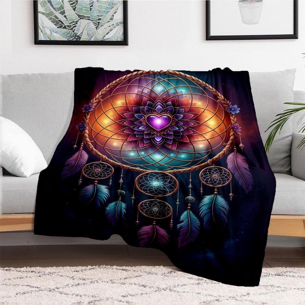 "Bohemian Dreamcatcher Wall Art: Vibrant Feather Mandala Decor"Blanket Flannel Throw Blanket for Sofa, Bed, Travel, Camping, Office, Couch,
