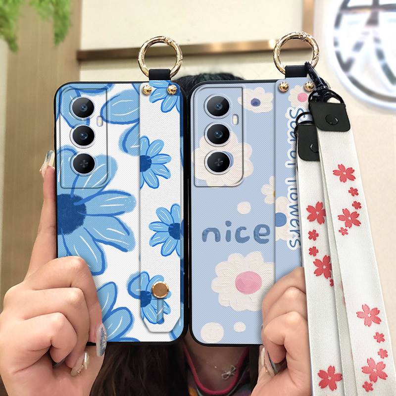 Phone Holder Durable Phone Case For Realme C65 Oil Painting Anti-dust Flower Silicone Shockproof Wristband Waterproof