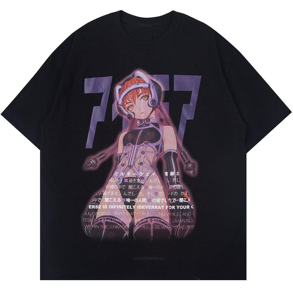 Aolamegs Unisexs Tee Shirts Sexy Unisexga Girls Kanji Print Anime Tee Shirts Summer Baggy College Style Tops Fashion Otaku Streetwear