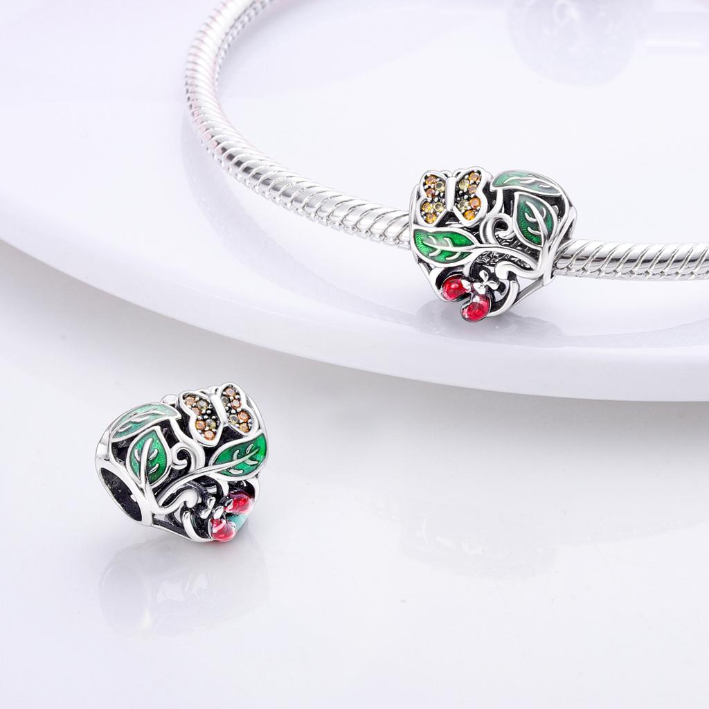 Silver Plated Green Series Avocado Pendant Four-leaf Clover Charms Beads Fit Original  Bracelet Women Jewelry