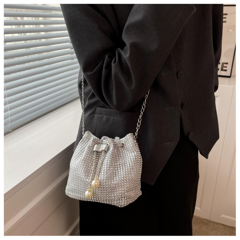 Bucket Bag Korean Version Western Style Chain Shoulder Crossbody, Armpit Water Drill Drawstring Bag